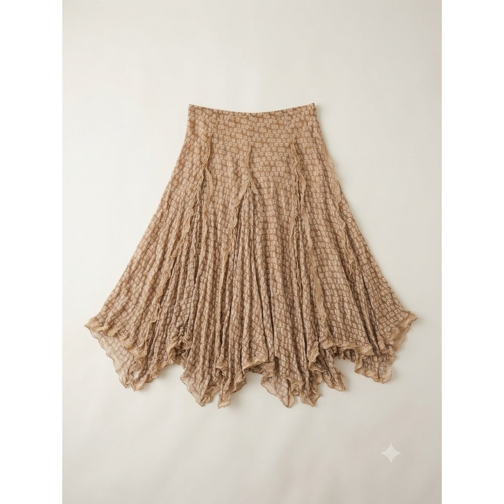 Y2K Max Studio Silk Handkerchief Hem Ruffle Midi Skirt Tan Fairy